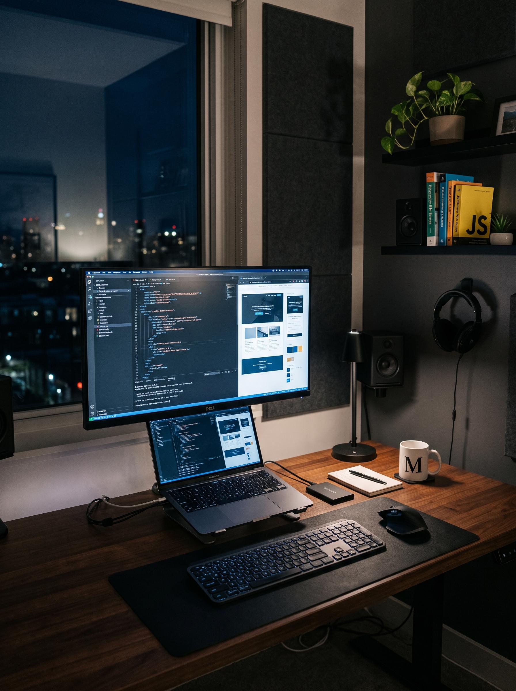 A tidy desk at night: a monitor showing a website in progress, a laptop and a keyboard