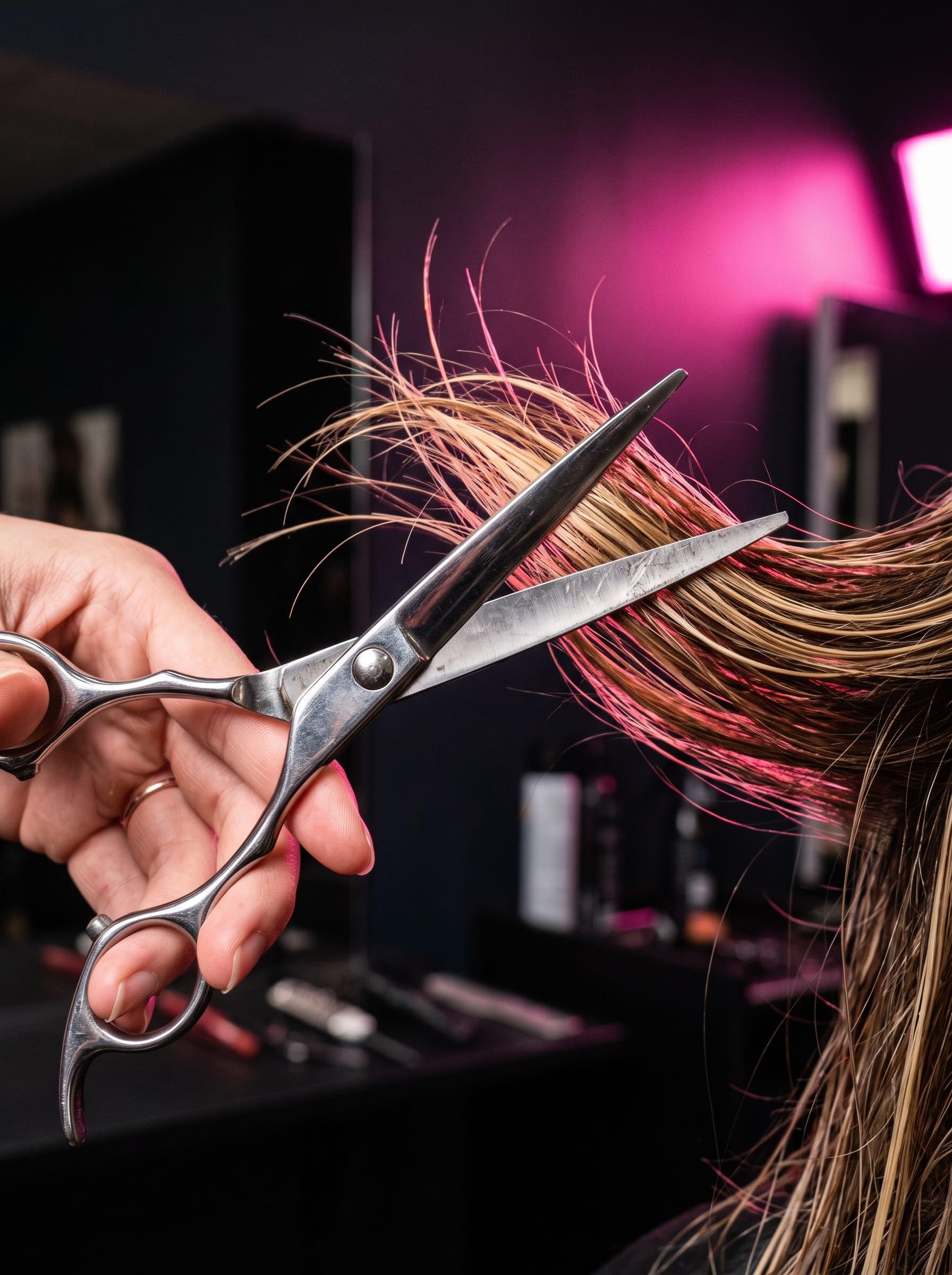 Close-up of scissors cutting a lock of hair