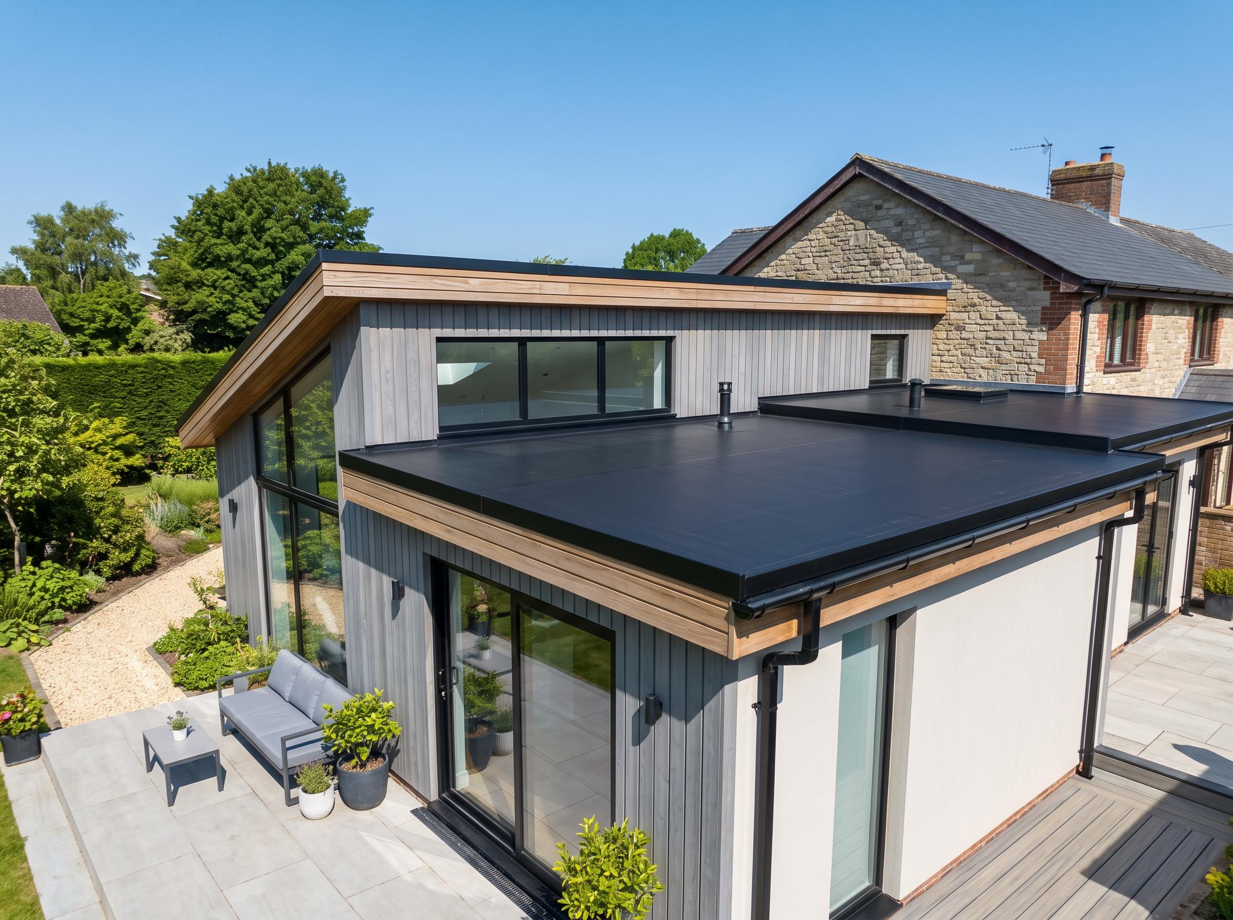 A new black rubber flat roof on a modern extension