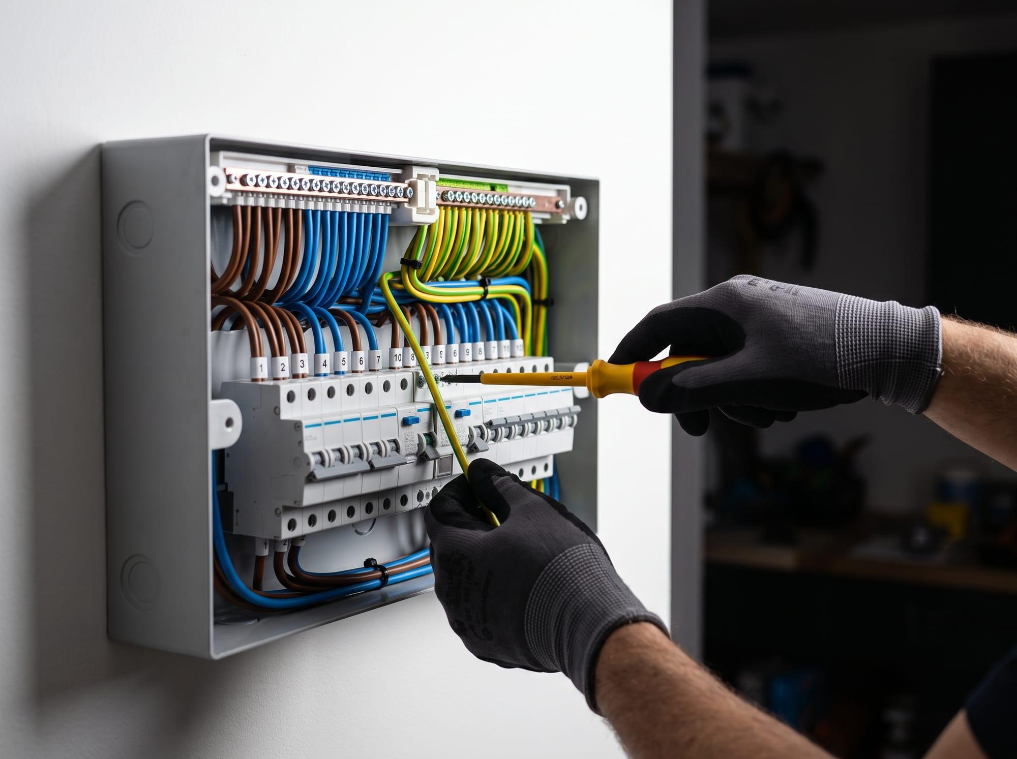 An electrician in gloves fitting a consumer unit with neat cabling