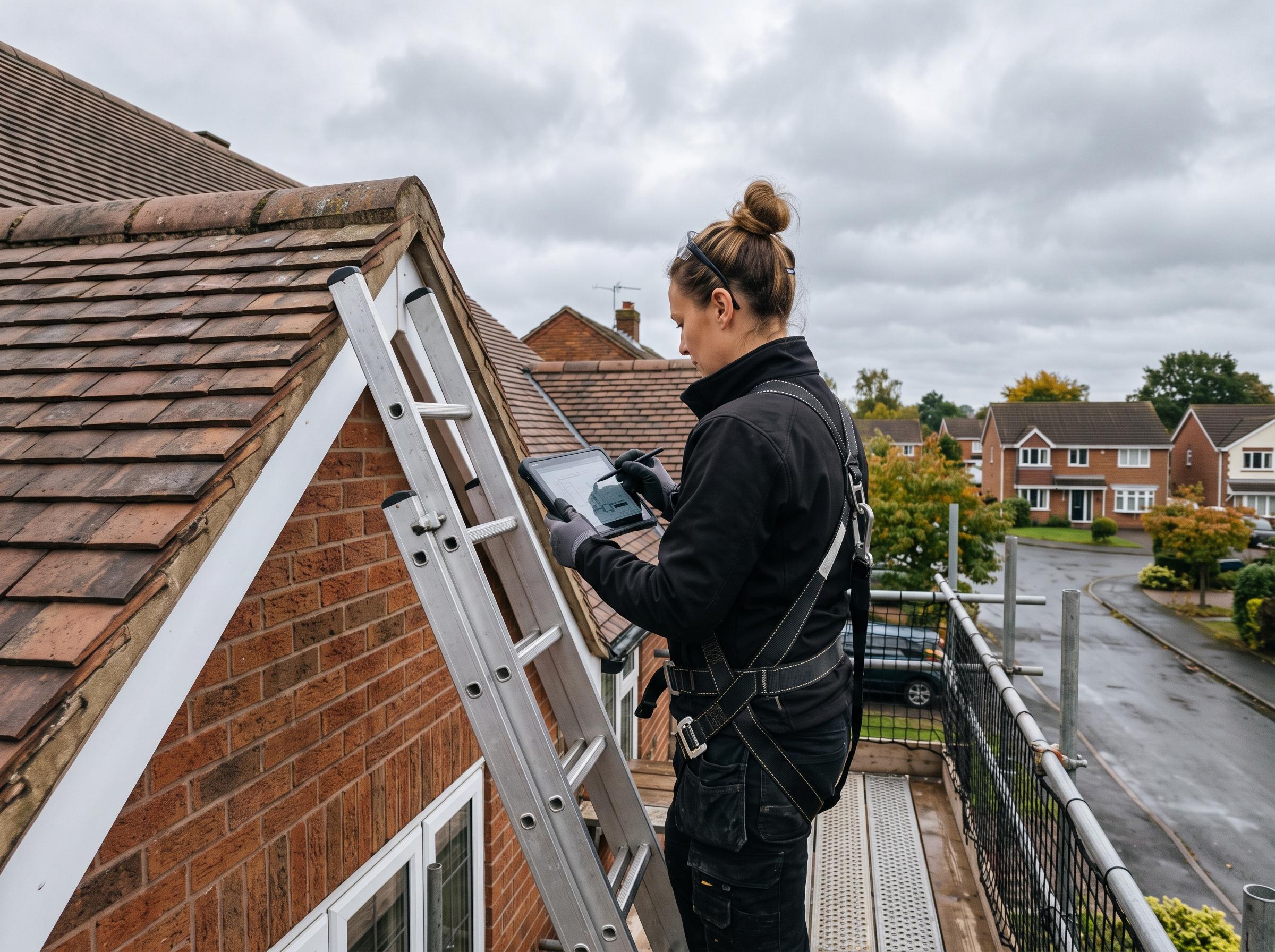 A roofer on a ladder photographing a roof with a tablet