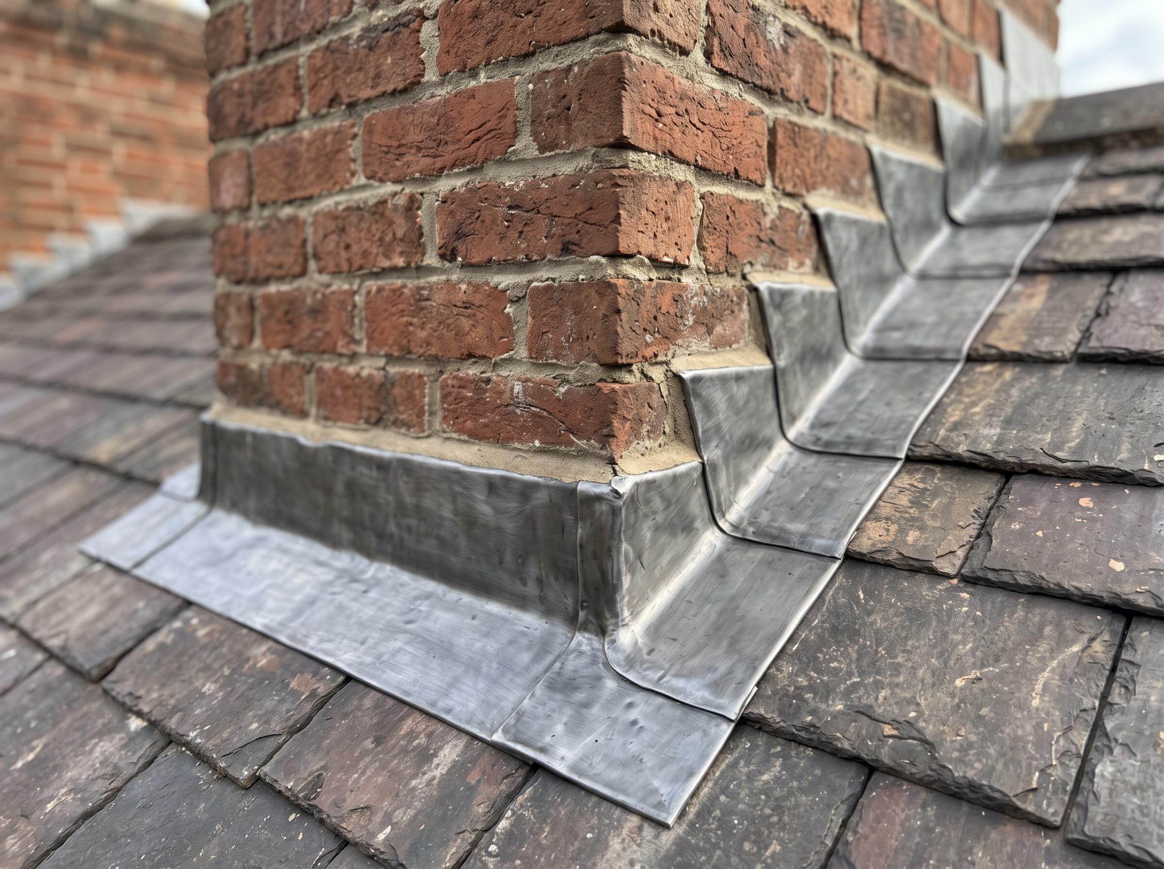 Stepped lead flashing dressed around a brick chimney