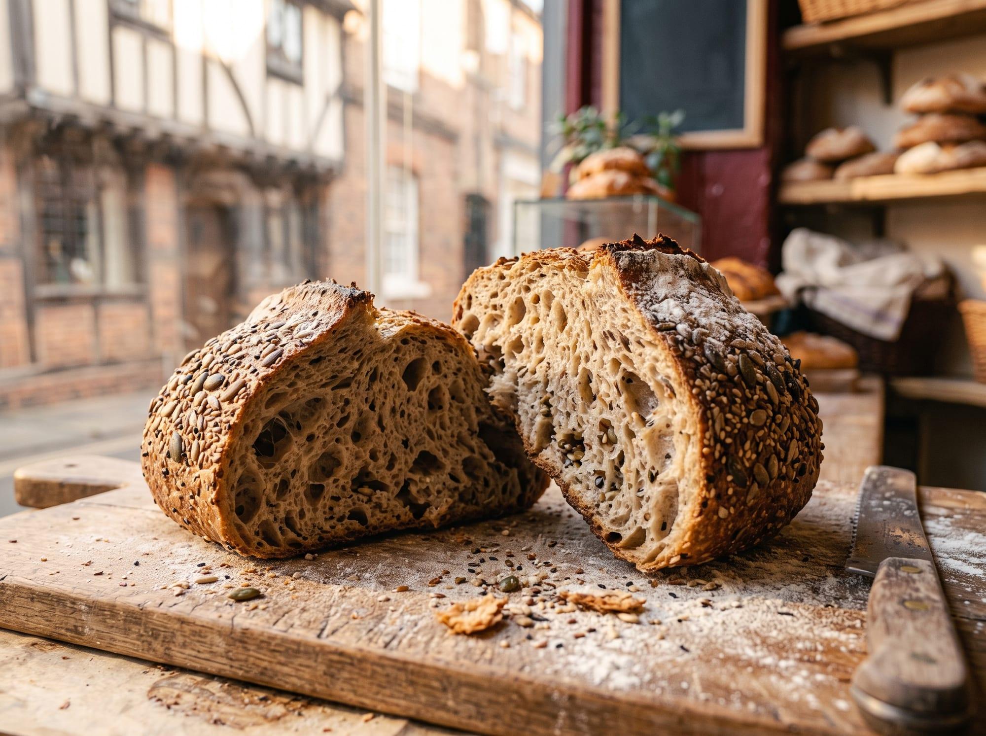 A seeded sourdough loaf torn open on a floury wooden board by the shop window