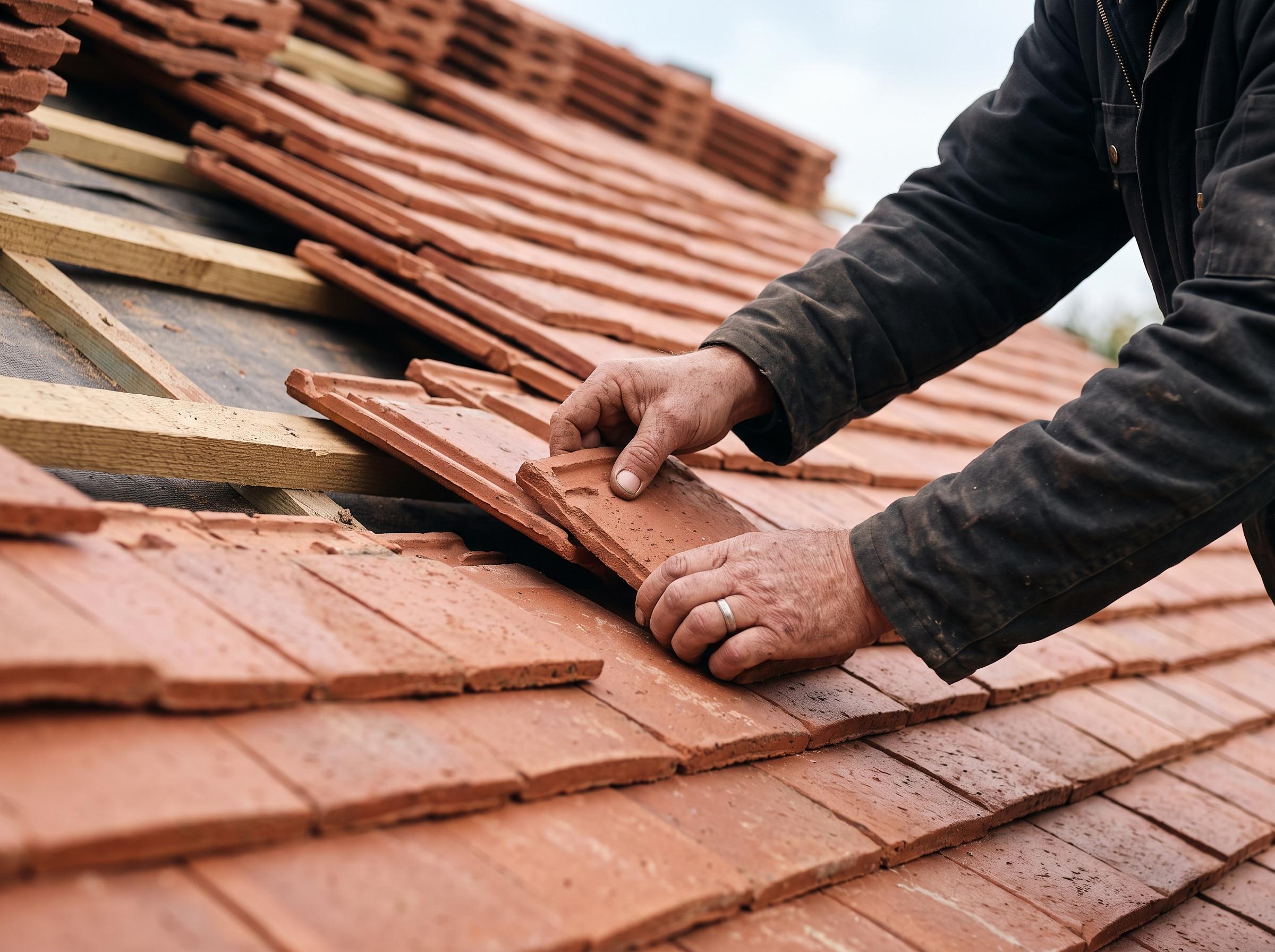 A roofer laying clay tiles by hand
