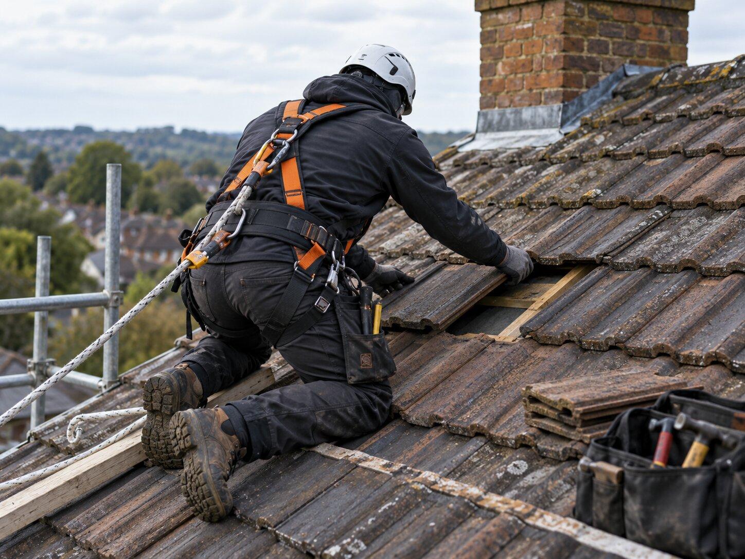 A harnessed roofer replacing tiles beside a chimney