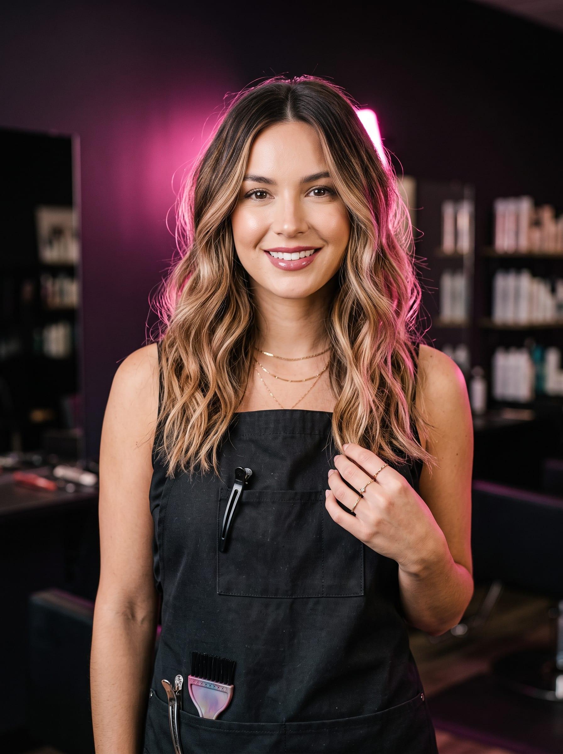Stylist with long balayage waves, smiling in the salon