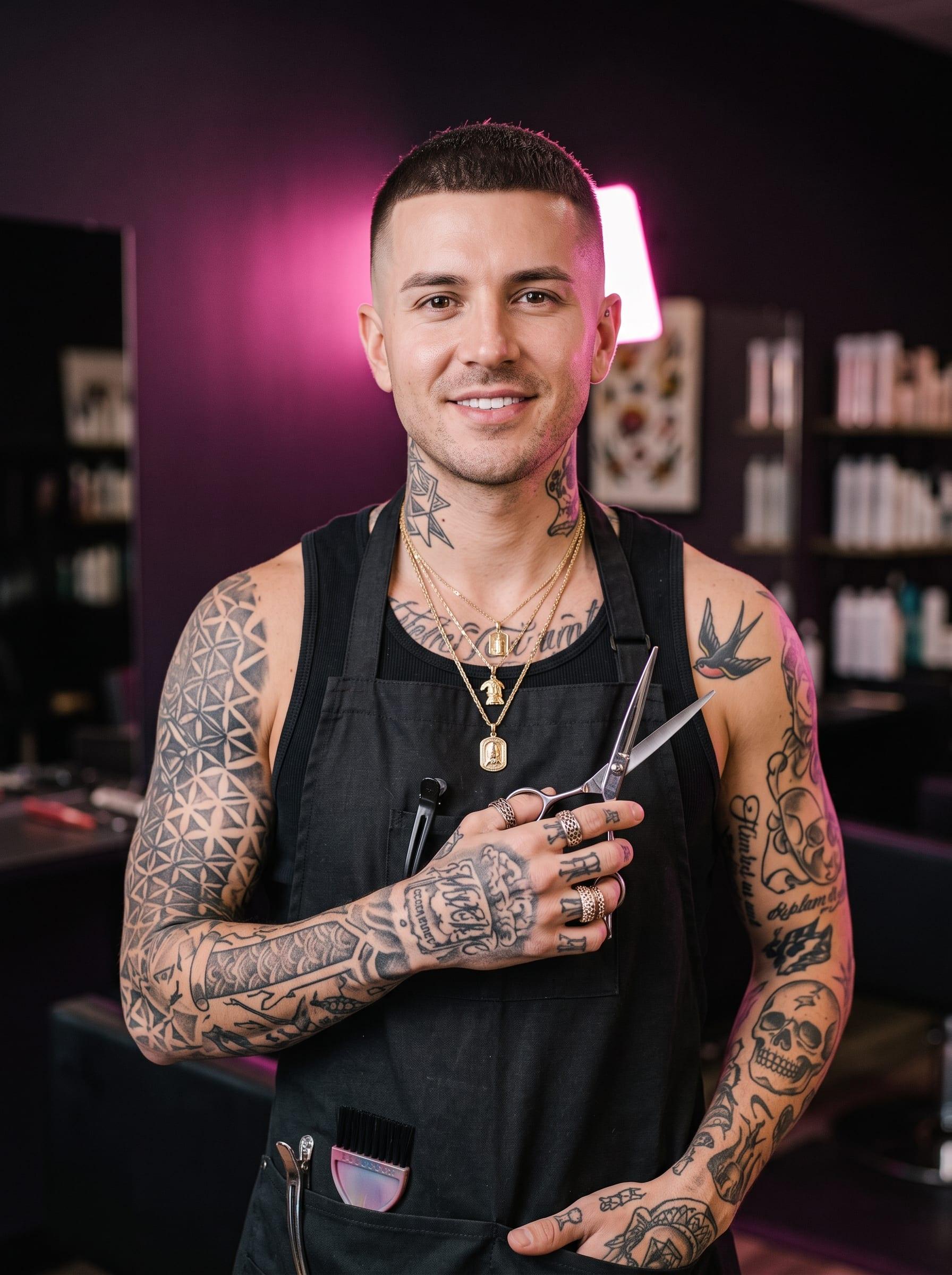Tattooed stylist holding scissors in the salon