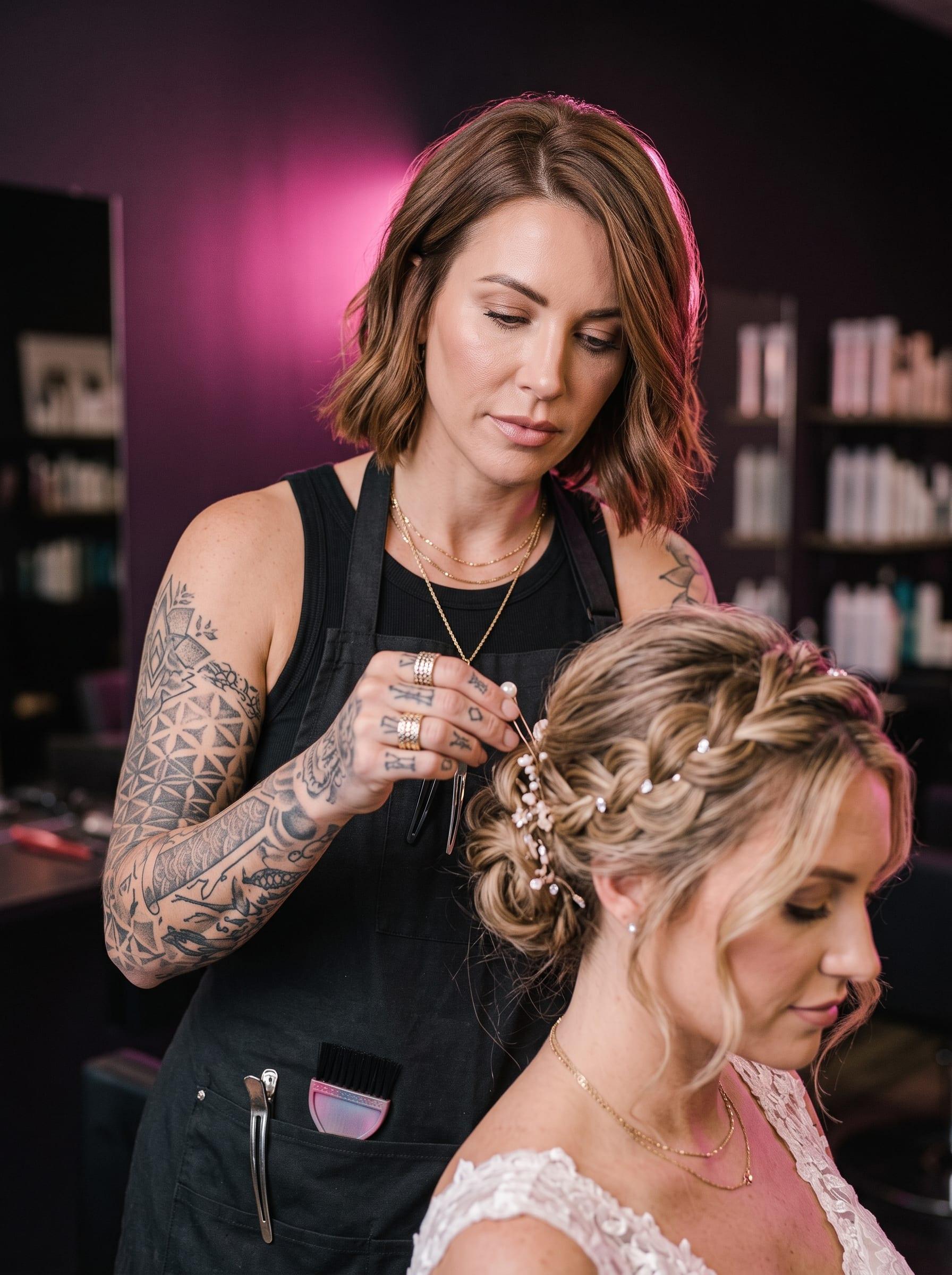 Stylist pinning a braided bridal updo